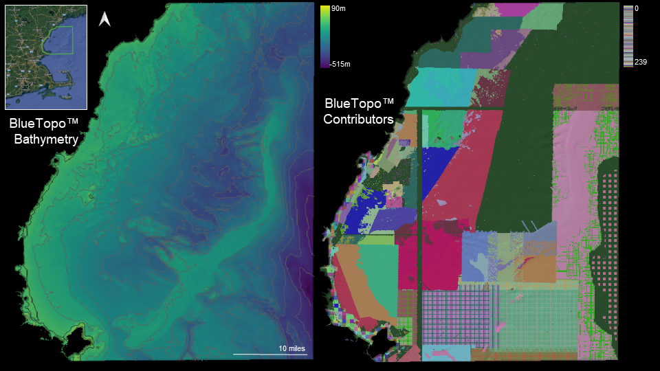 Image of BlueTopo and two ways to view the data:  by depth values and by contributor.