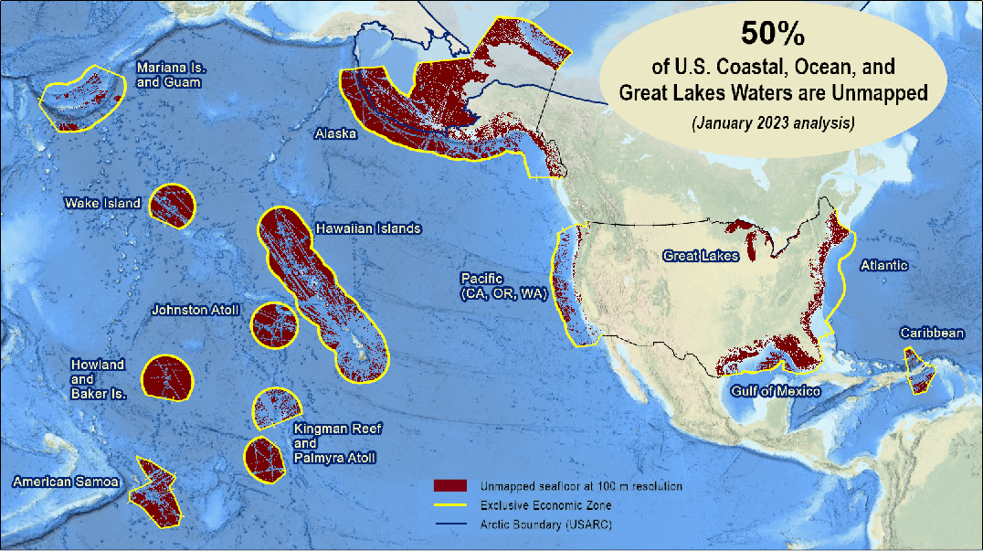 Front cover of progress report showing geographic distribution of unmapped U.S. waters
