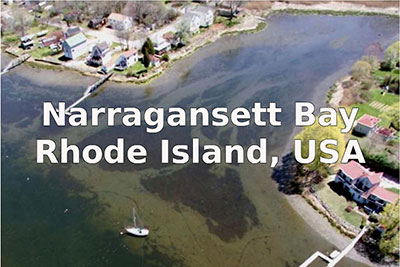 Aerial view of Narragansett Bay with text Narragansett Bay, RI, USA.